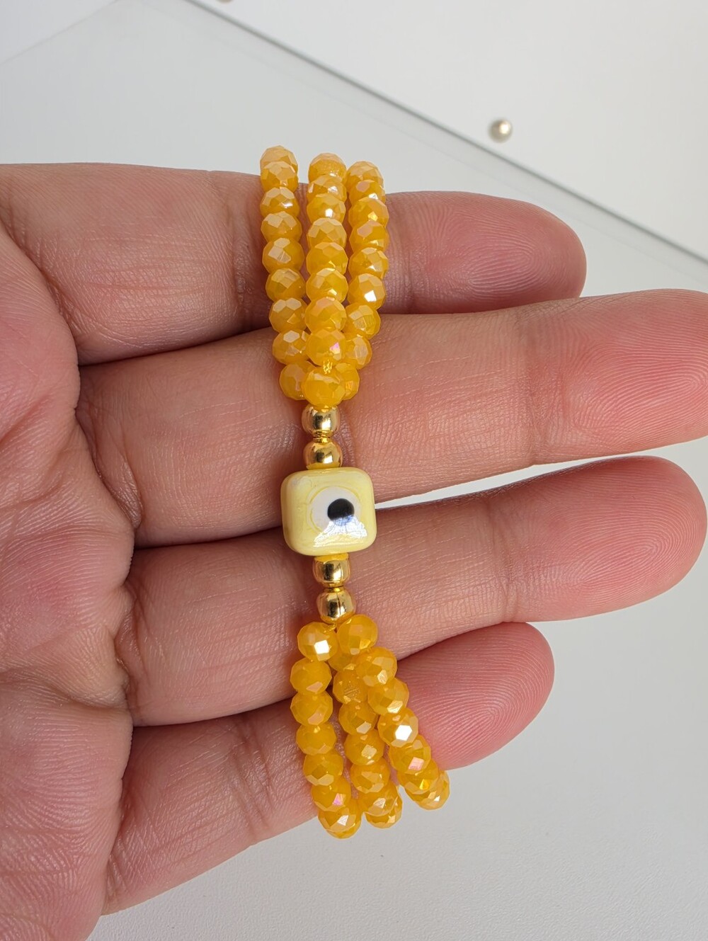 Handmade Yellow Crystal Beaded Evil Eye Adjustable Bracelet